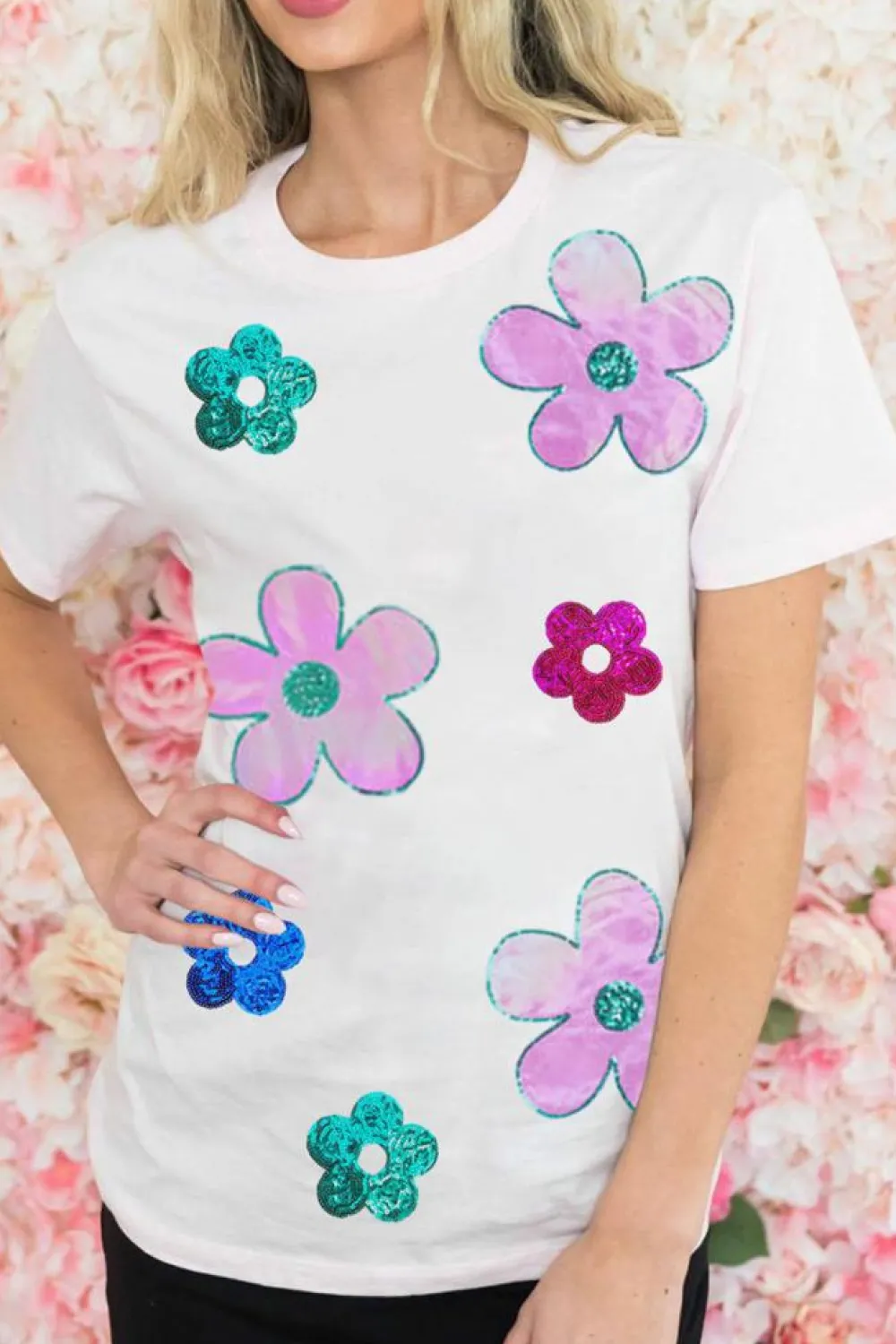 Sale Dear-Lover Sequined Flower Pattern Round Neck T Shirt White