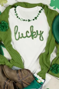 Best Dear-Lover Sequined Lucky St.Patricks Day Graphic Tee White