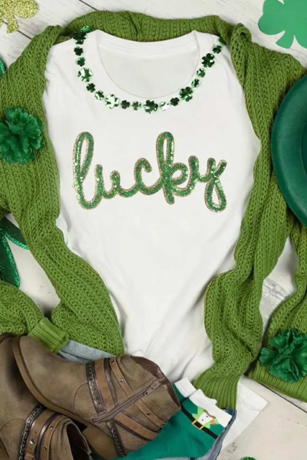 Best Dear-Lover Sequined Lucky St.Patricks Day Graphic Tee White