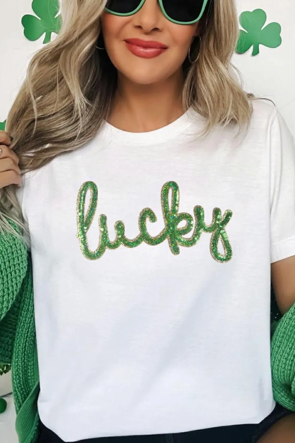 Best Dear-Lover Sequined Lucky St.Patricks Day Graphic Tee White