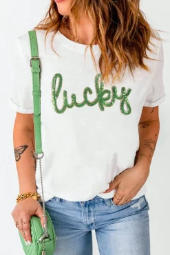 Best Dear-Lover Sequined Lucky St.Patricks Day Graphic Tee White