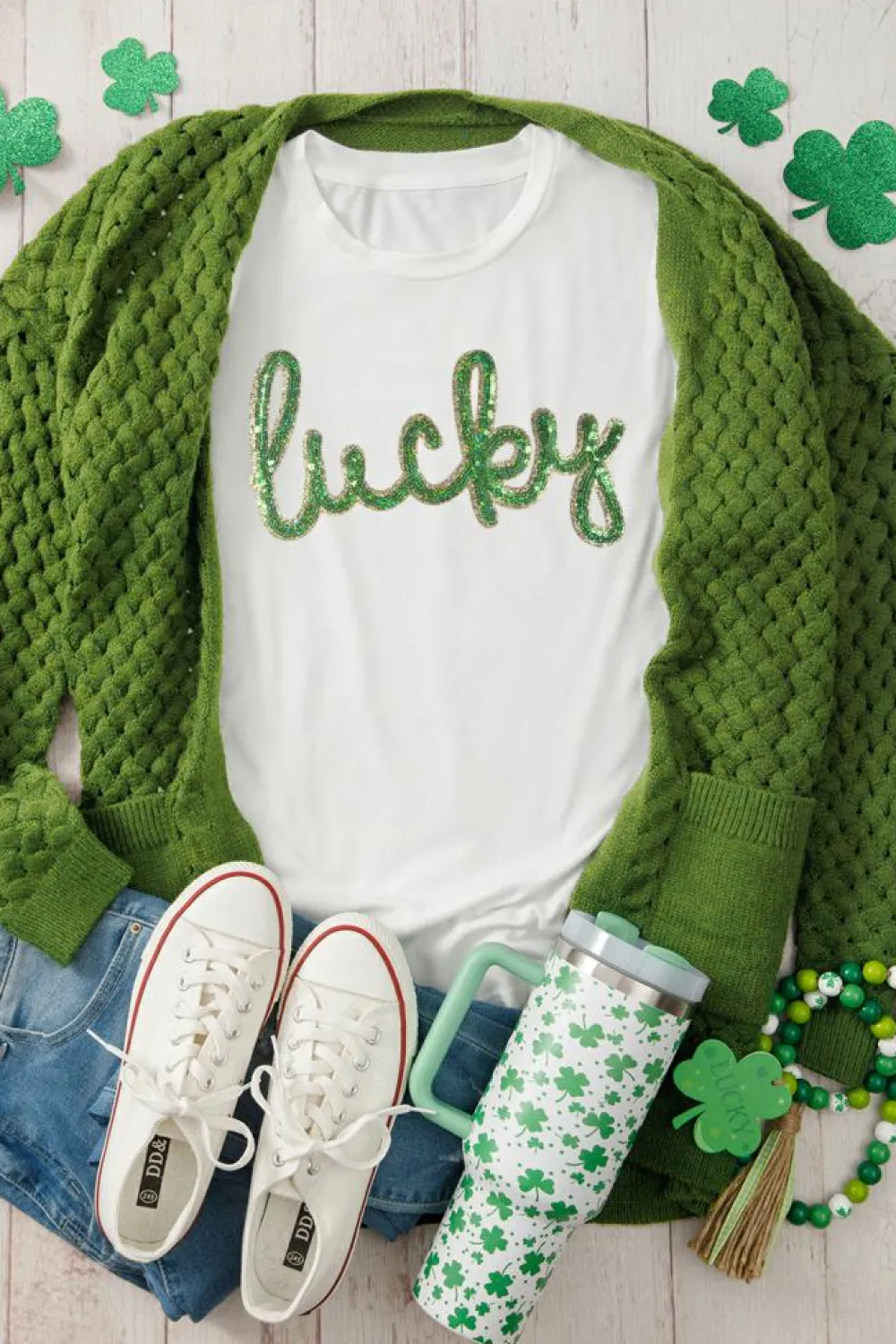 Best Dear-Lover Sequined Lucky St.Patricks Day Graphic Tee White