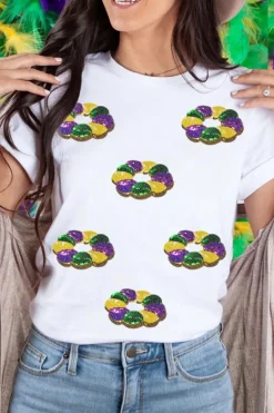 Sale Dear-Lover Sequined Mardi Gras Pattern Crew Neck Short Sleeve Top White