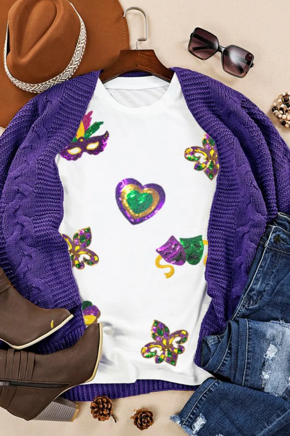 Hot Dear-Lover Sequined Mardi Gras Symbolic Pattern Casual Tee White