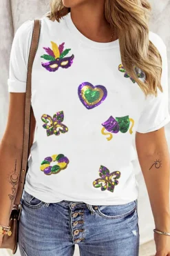 Hot Dear-Lover Sequined Mardi Gras Symbolic Pattern Casual Tee White