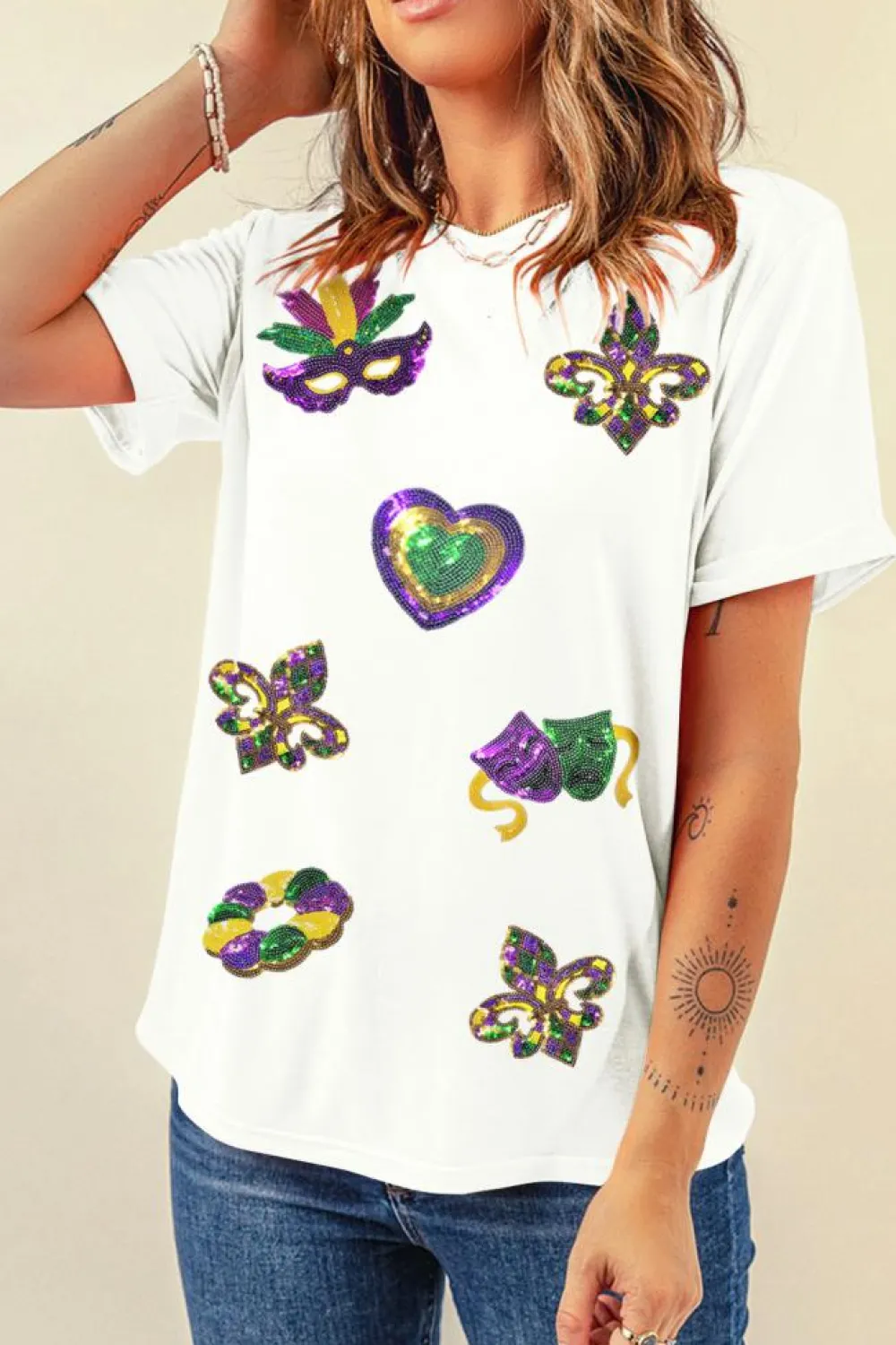 Hot Dear-Lover Sequined Mardi Gras Symbolic Pattern Casual Tee White