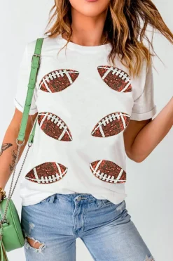 Hot Dear-Lover Sequined Rugby Football Graphic Cotton T Shirt White