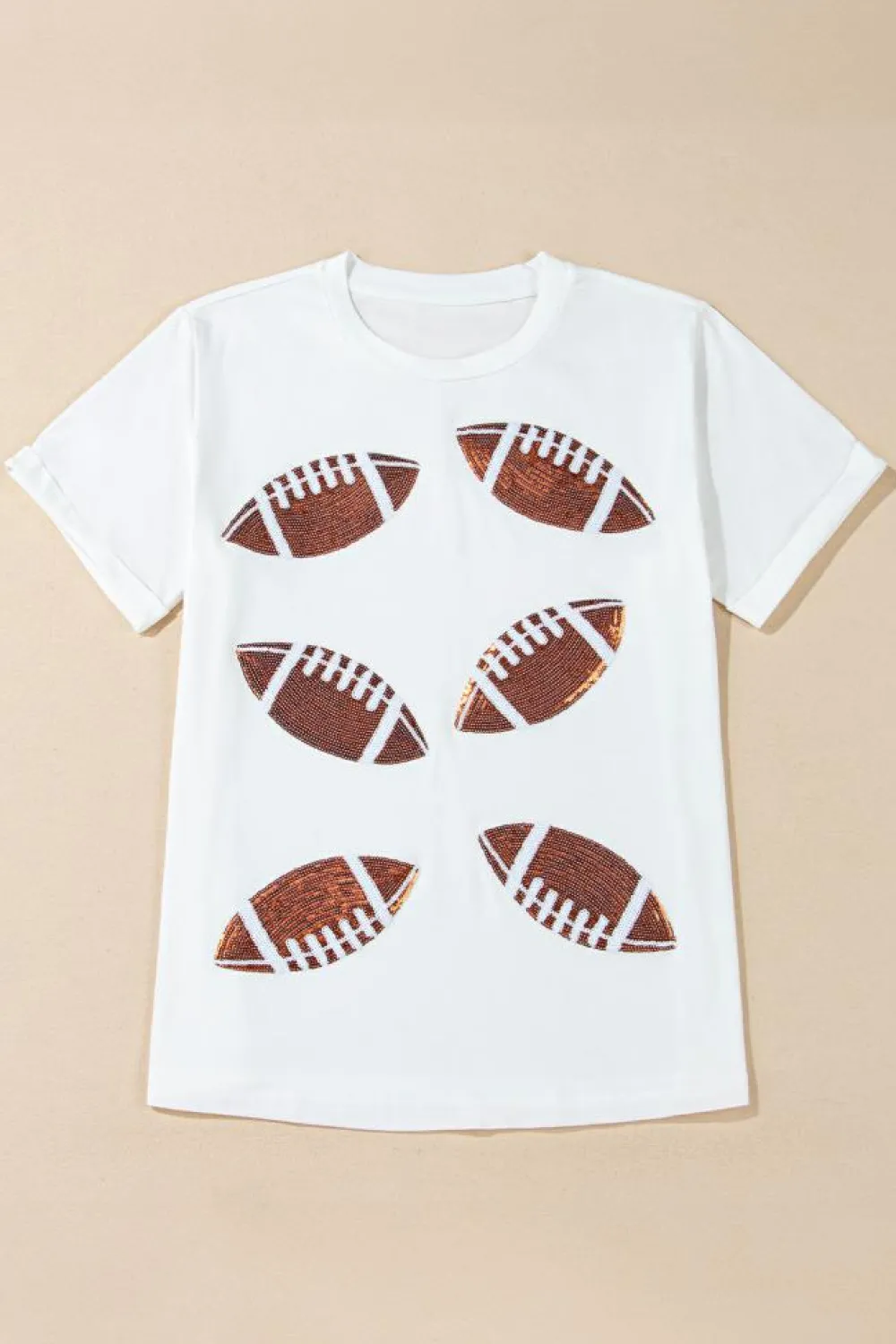 Hot Dear-Lover Sequined Rugby Football Graphic Cotton T Shirt White