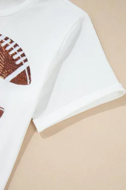 Hot Dear-Lover Sequined Rugby Football Graphic Cotton T Shirt White