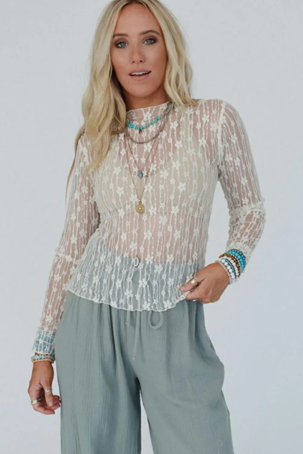 Outlet Dear-Lover Sheer Floral Lace Long Sleeve Slim Fit Top White