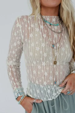Outlet Dear-Lover Sheer Floral Lace Long Sleeve Slim Fit Top White