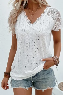 Outlet Dear-Lover Sheer Lace Short Sleeves Eyelet Embroidered Tee White