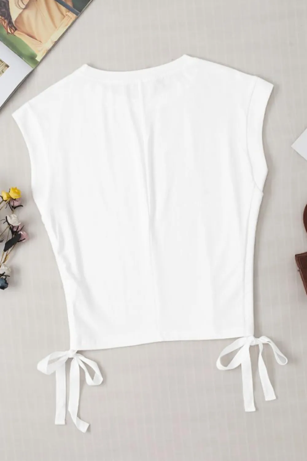 New Dear-Lover Side Drawstring Short Sleeve Crew Neck Top White