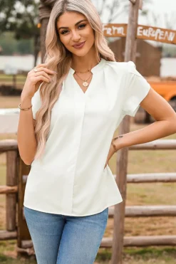Online Dear-Lover Silky Notched Neckline Petal Sleeve Blouse White