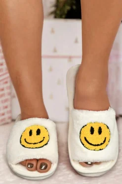 Clearance Dear-Lover Smile Emoji Graphic Plush Home Slippers White