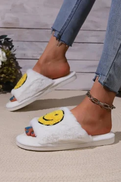 Clearance Dear-Lover Smile Emoji Graphic Plush Home Slippers White