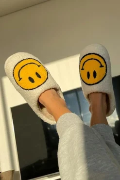 Outlet Dear-Lover Smile Face Print Non-slip Plush Slippers White