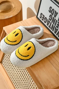 Outlet Dear-Lover Smile Face Print Non-slip Plush Slippers White