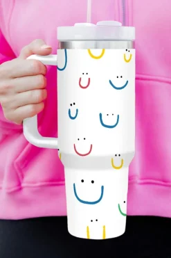 New Dear-Lover Smiling Face Print Handle Vacuum Cup 40oz White