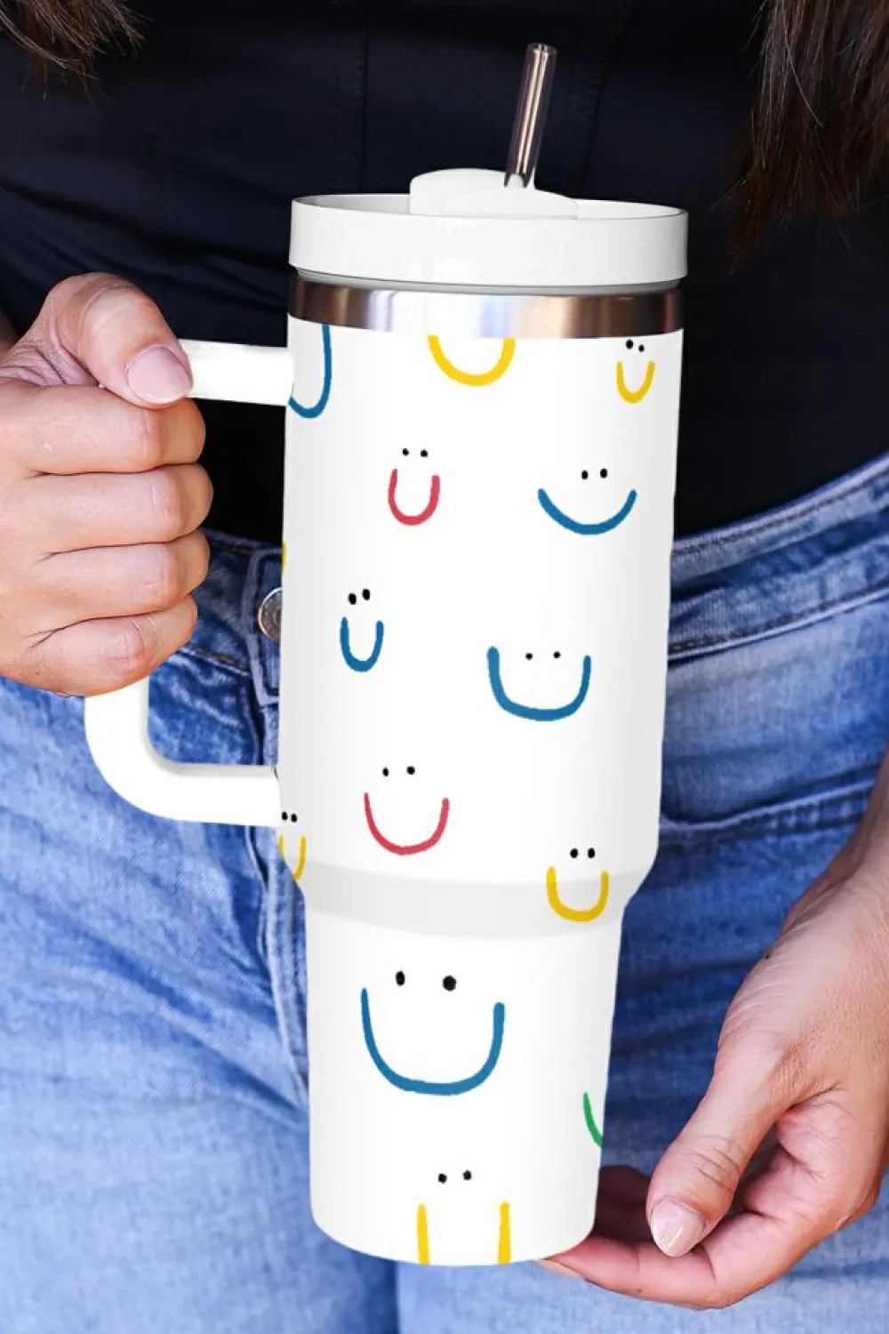 New Dear-Lover Smiling Face Print Handle Vacuum Cup 40oz White