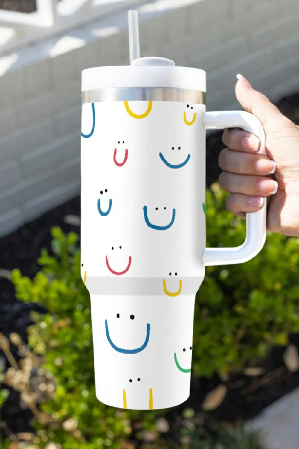 New Dear-Lover Smiling Face Print Handle Vacuum Cup 40oz White