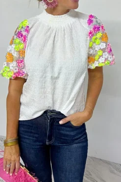 Sale Dear-Lover Smocked Collar Sequin Flower Puff Sleeve Textured Top White