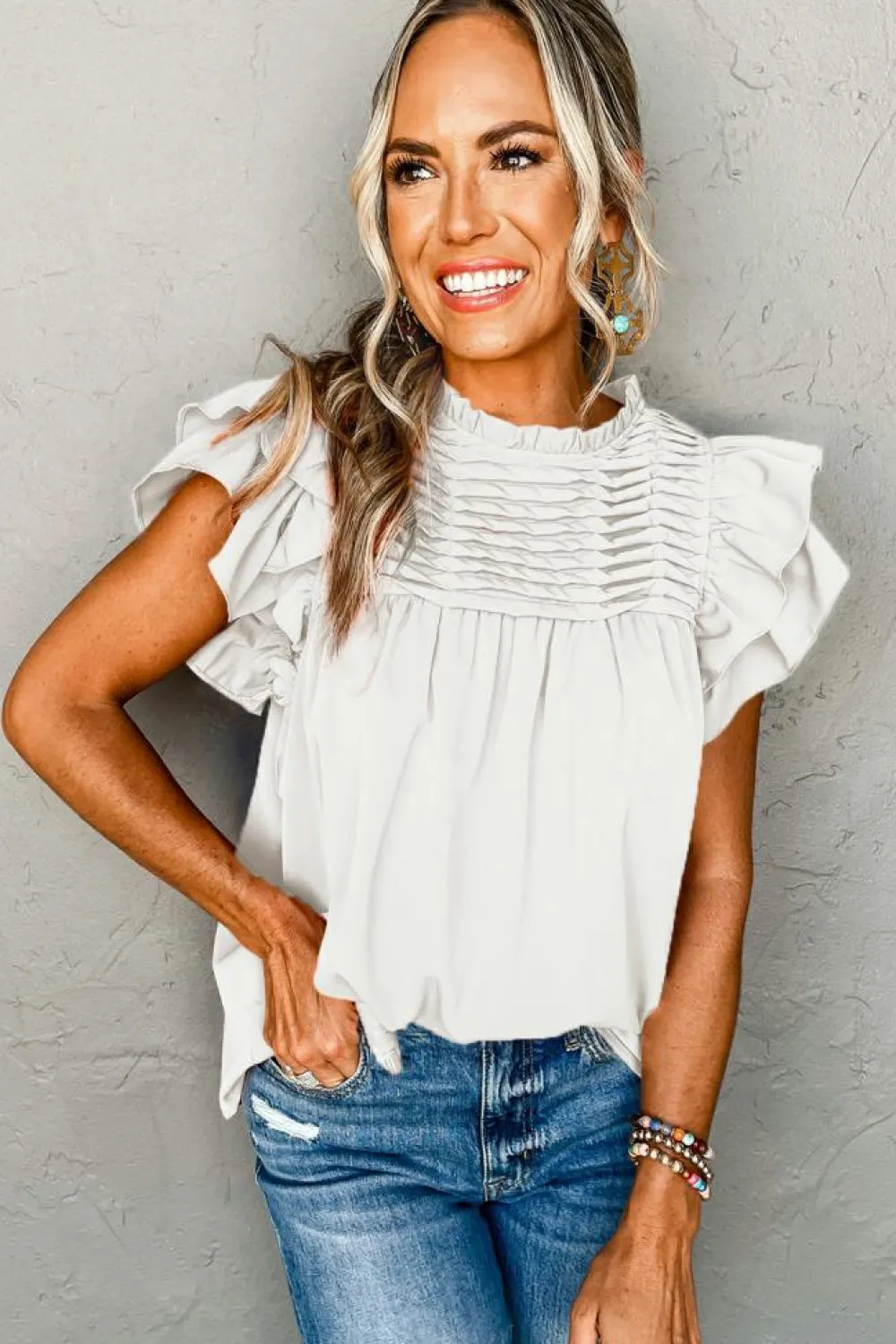 Clearance Dear-Lover Smocked Ruffle Sleeve Blouse White