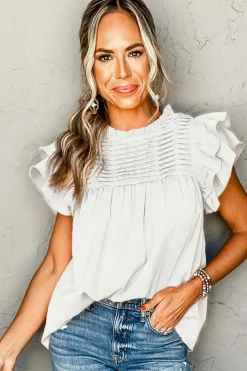 Clearance Dear-Lover Smocked Ruffle Sleeve Blouse White