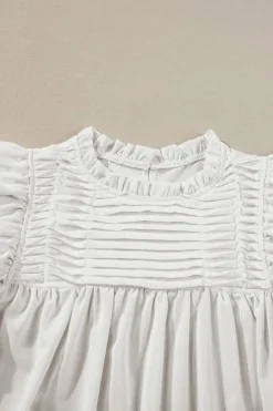 Clearance Dear-Lover Smocked Ruffle Sleeve Blouse White