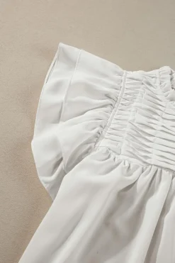 Clearance Dear-Lover Smocked Ruffle Sleeve Blouse White