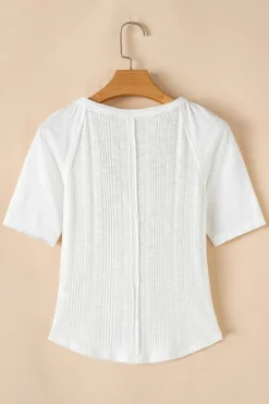 Hot Dear-Lover Snap Button Drawstirng Tie Neck Textured Half Sleeve Shirt White