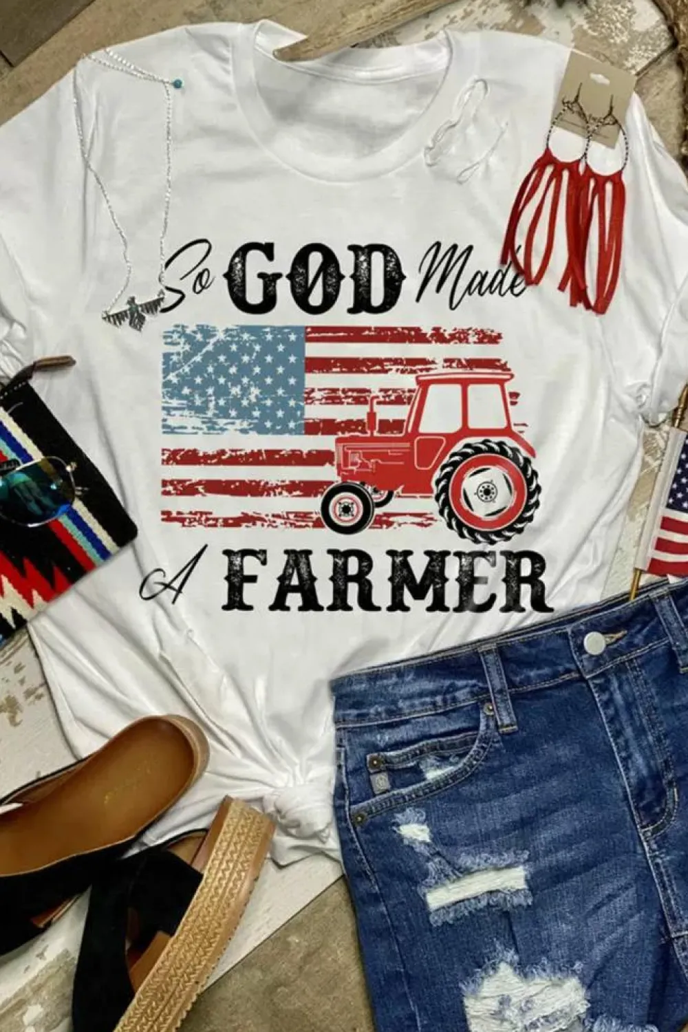 Discount Dear-Lover So GOD Made A FARMER Flag Graphic Tee White
