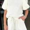 Outlet Dear-Lover Solid Color Checkered Texture Short 2pcs Outfit White