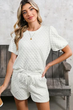 Outlet Dear-Lover Solid Color Checkered Texture Short 2pcs Outfit White
