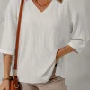 New Dear-Lover Solid Color Corded Drop Shoulder 3/4 Sleeve V Neck Top White
