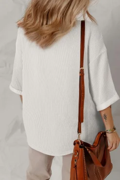 New Dear-Lover Solid Color Corded Drop Shoulder 3/4 Sleeve V Neck Top White