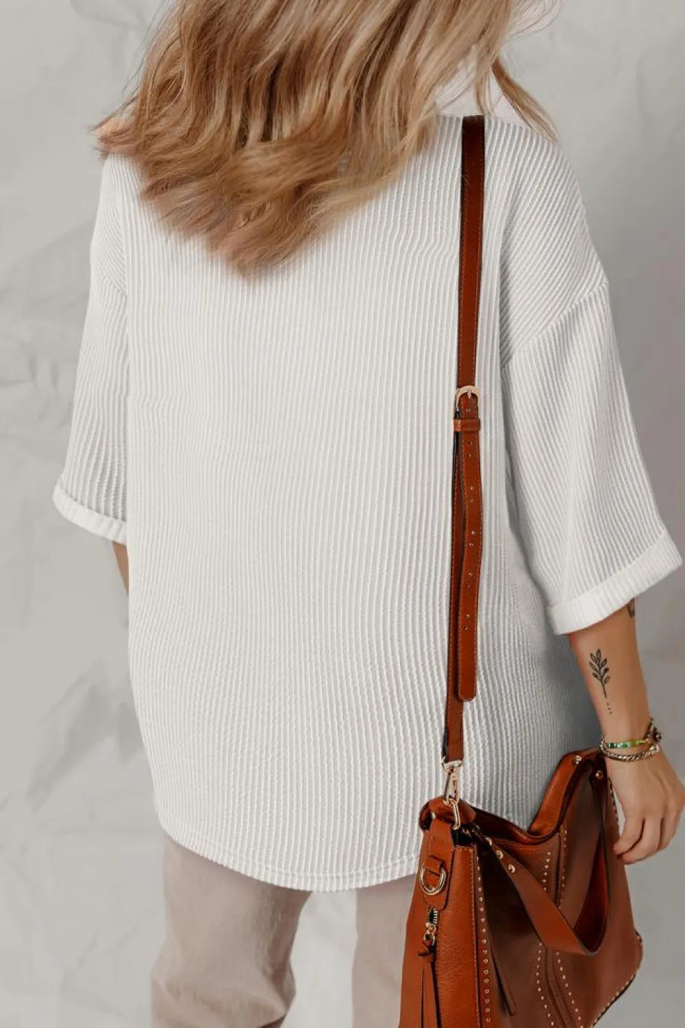 New Dear-Lover Solid Color Corded Drop Shoulder 3/4 Sleeve V Neck Top White