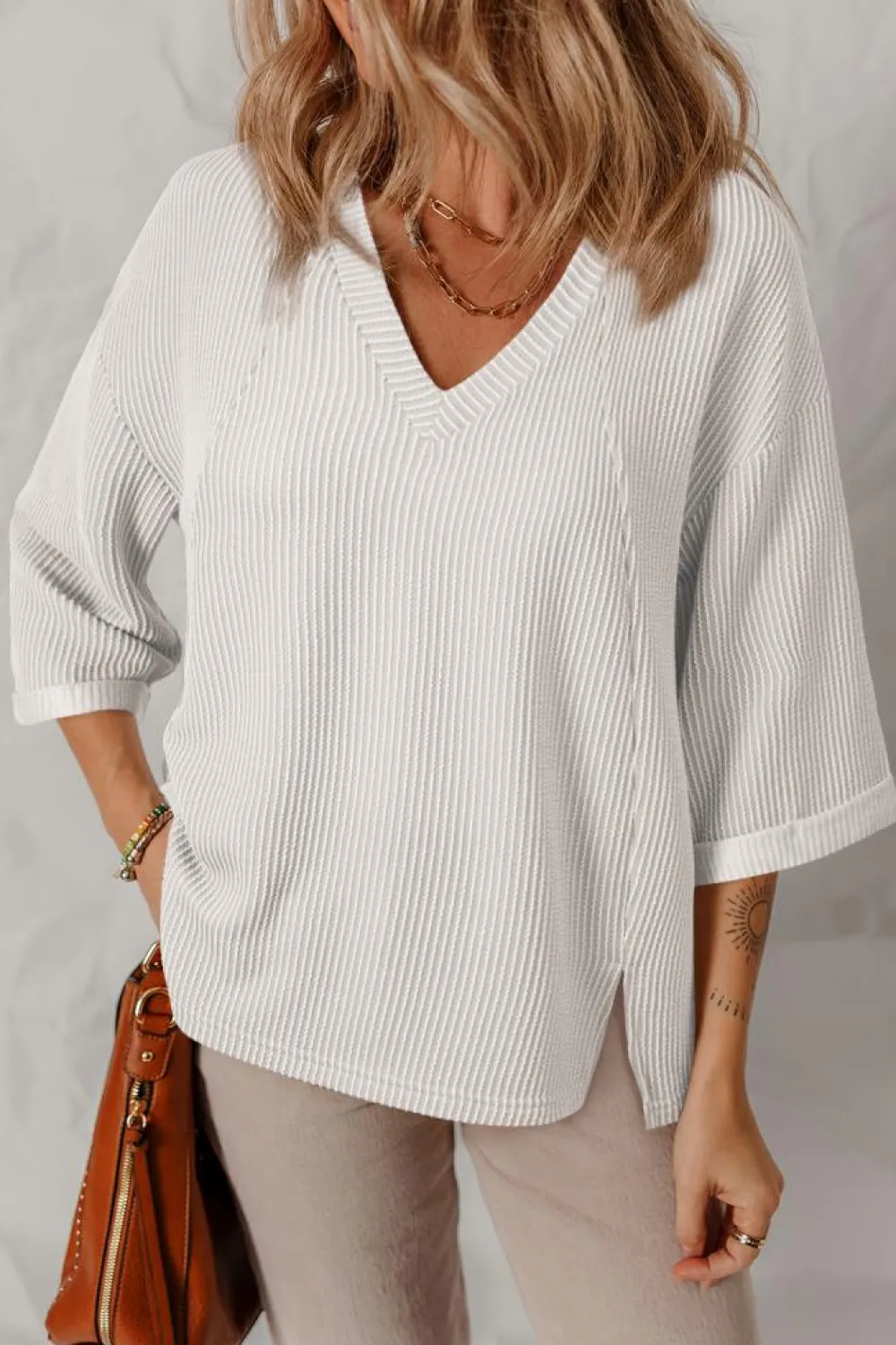 New Dear-Lover Solid Color Corded Drop Shoulder 3/4 Sleeve V Neck Top White