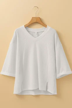 New Dear-Lover Solid Color Corded Drop Shoulder 3/4 Sleeve V Neck Top White