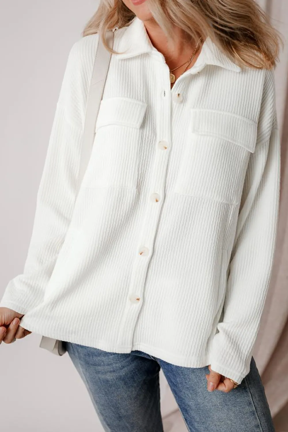 Online Dear-Lover Solid Color Corduroy Buttoned Long Sleeve Jacket White