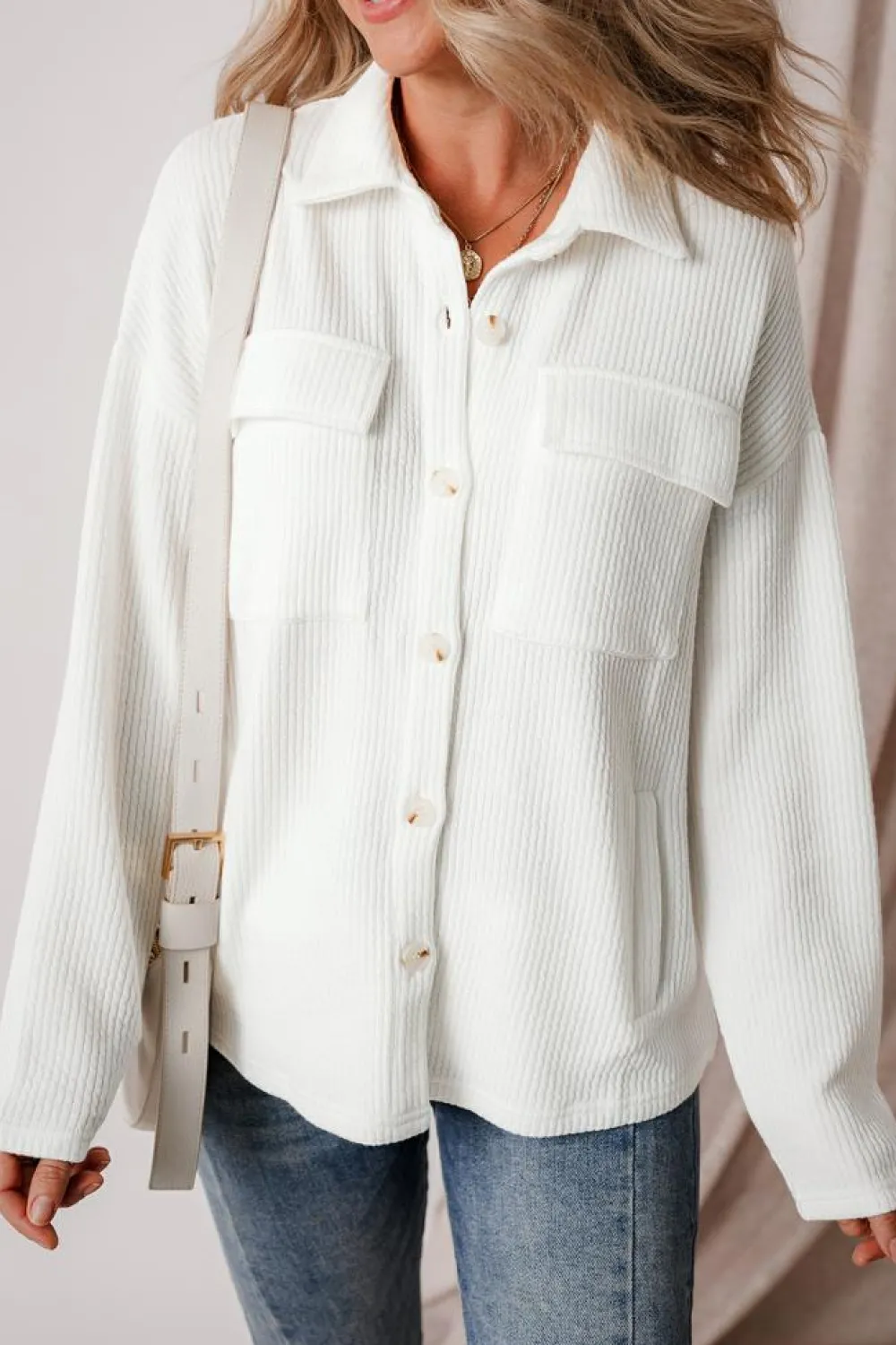 Online Dear-Lover Solid Color Corduroy Buttoned Long Sleeve Jacket White