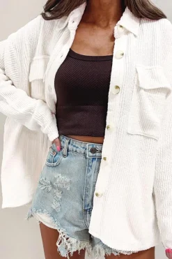 Online Dear-Lover Solid Color Corduroy Buttoned Long Sleeve Jacket White