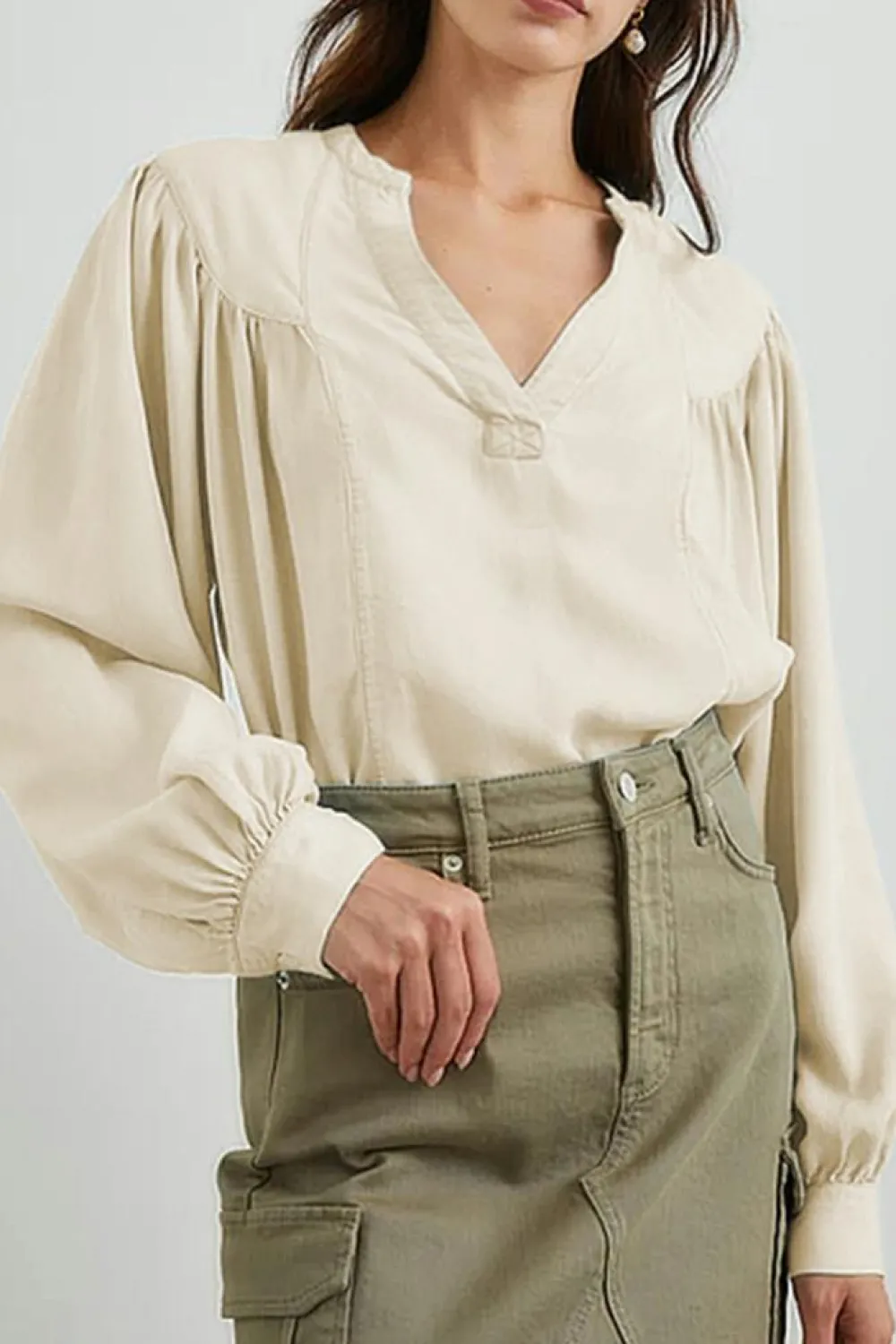 Online Dear-Lover Solid Color Lantern Sleeve Notched V Neck Blouse White
