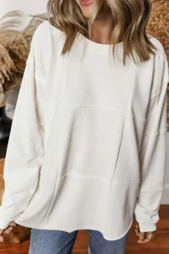 Best Dear-Lover Solid Color Patchwork Drop Shoulder Baggy Sweatshirt White