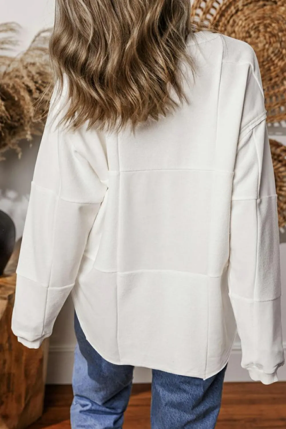 Best Dear-Lover Solid Color Patchwork Drop Shoulder Baggy Sweatshirt White