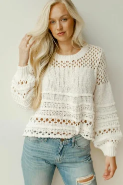 Best Dear-Lover Solid Color Pointelle Knit Puff Sleeve Sweater White