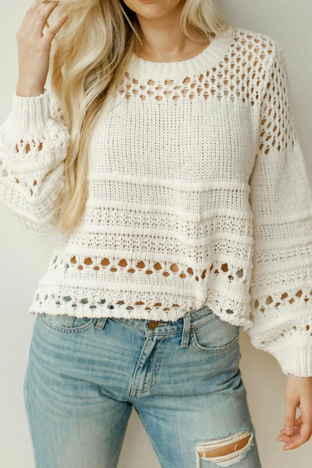 Best Dear-Lover Solid Color Pointelle Knit Puff Sleeve Sweater White