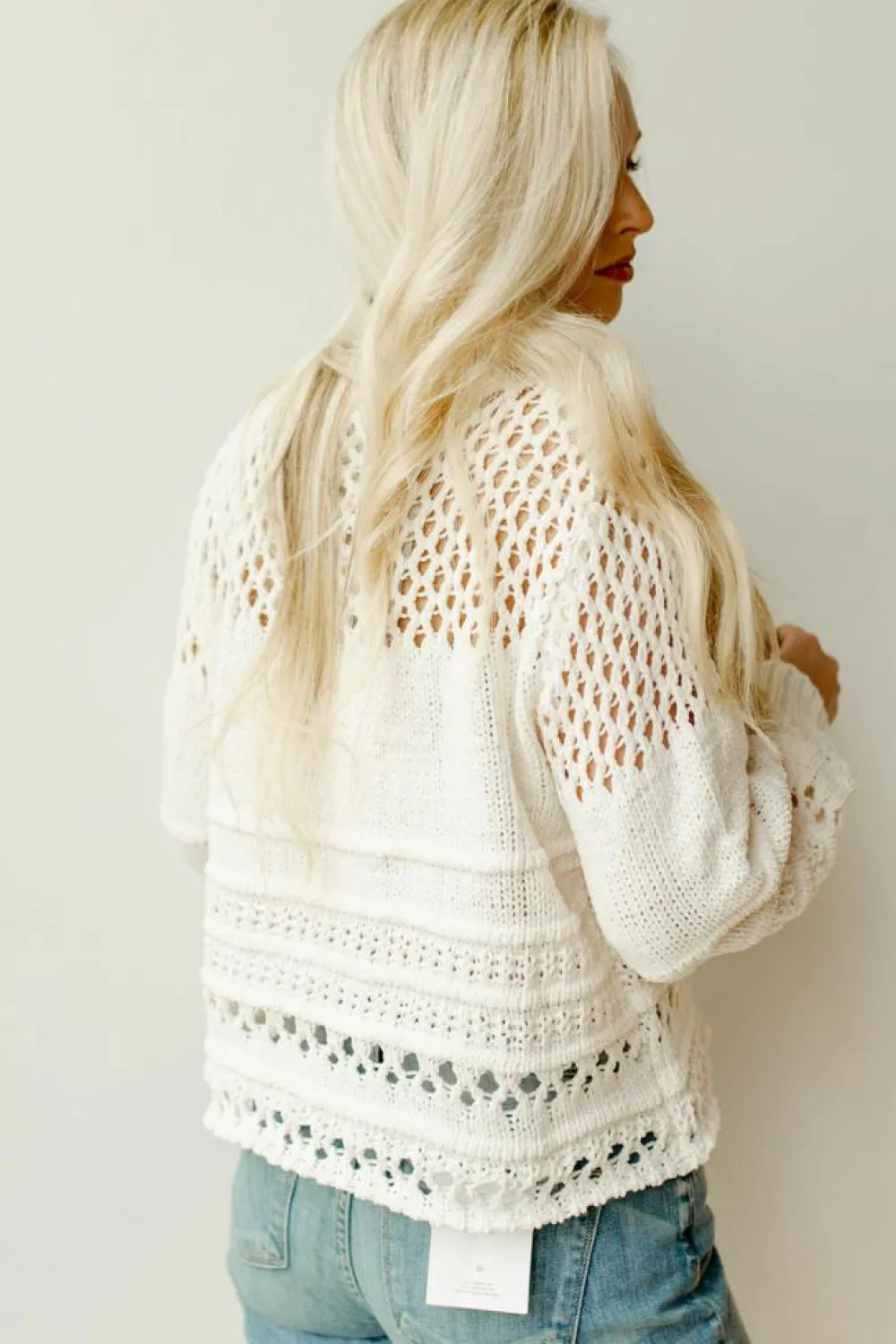 Best Dear-Lover Solid Color Pointelle Knit Puff Sleeve Sweater White