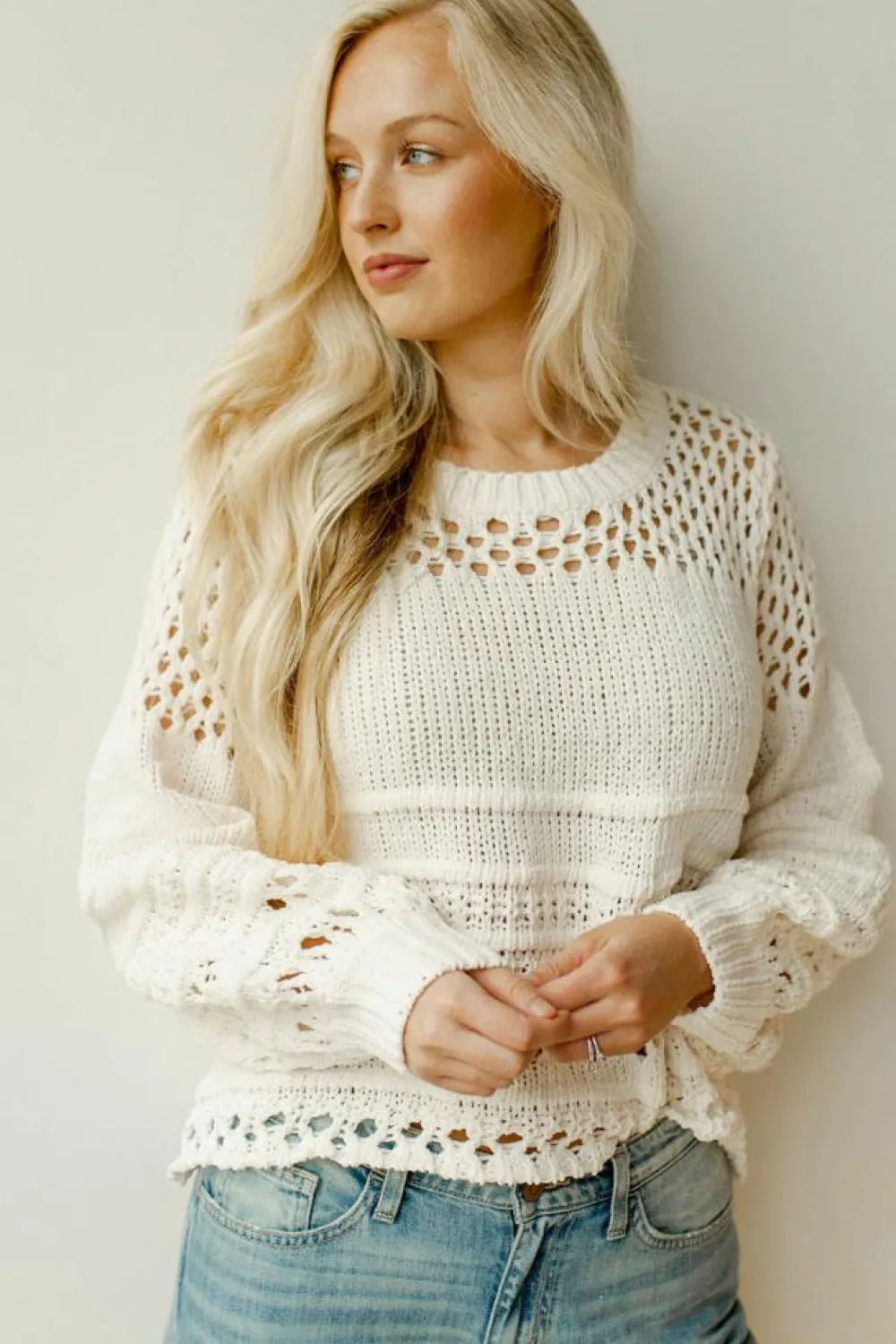 Best Dear-Lover Solid Color Pointelle Knit Puff Sleeve Sweater White