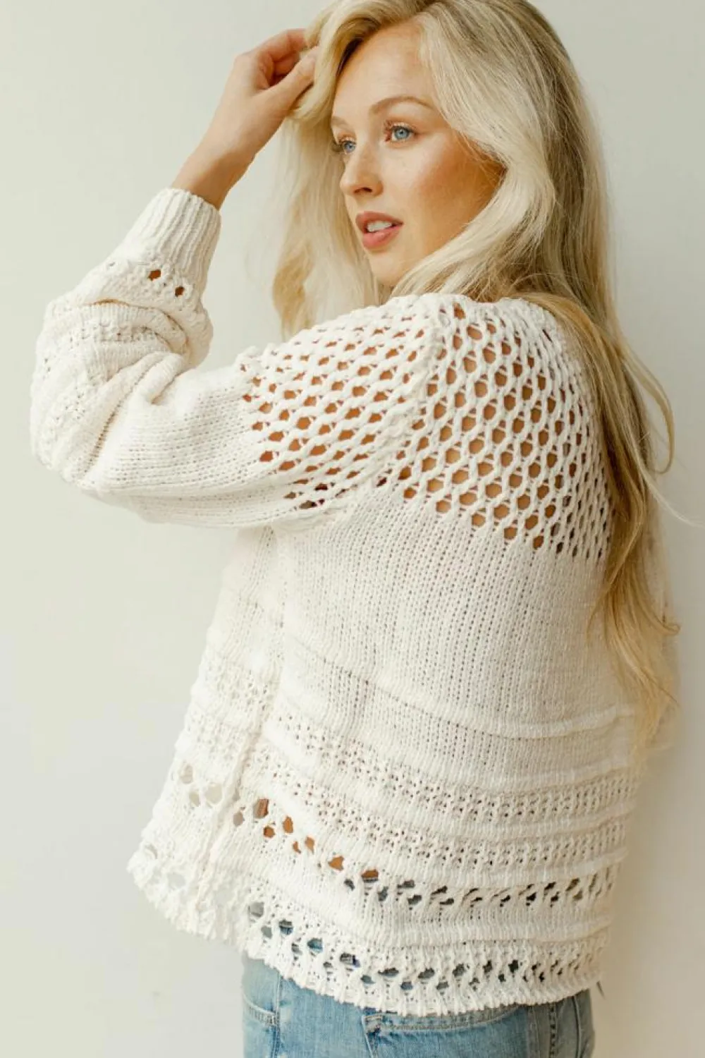 Best Dear-Lover Solid Color Pointelle Knit Puff Sleeve Sweater White